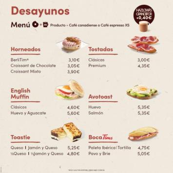 Carta Desayunos franquicias Tim Hortons